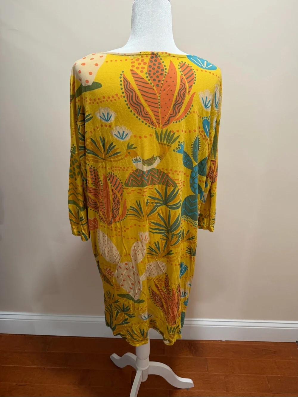 Gudrun Sjoden Yellow Birds Cactus Mallorca Modal 3/4 Sleeve Dress Sz. L